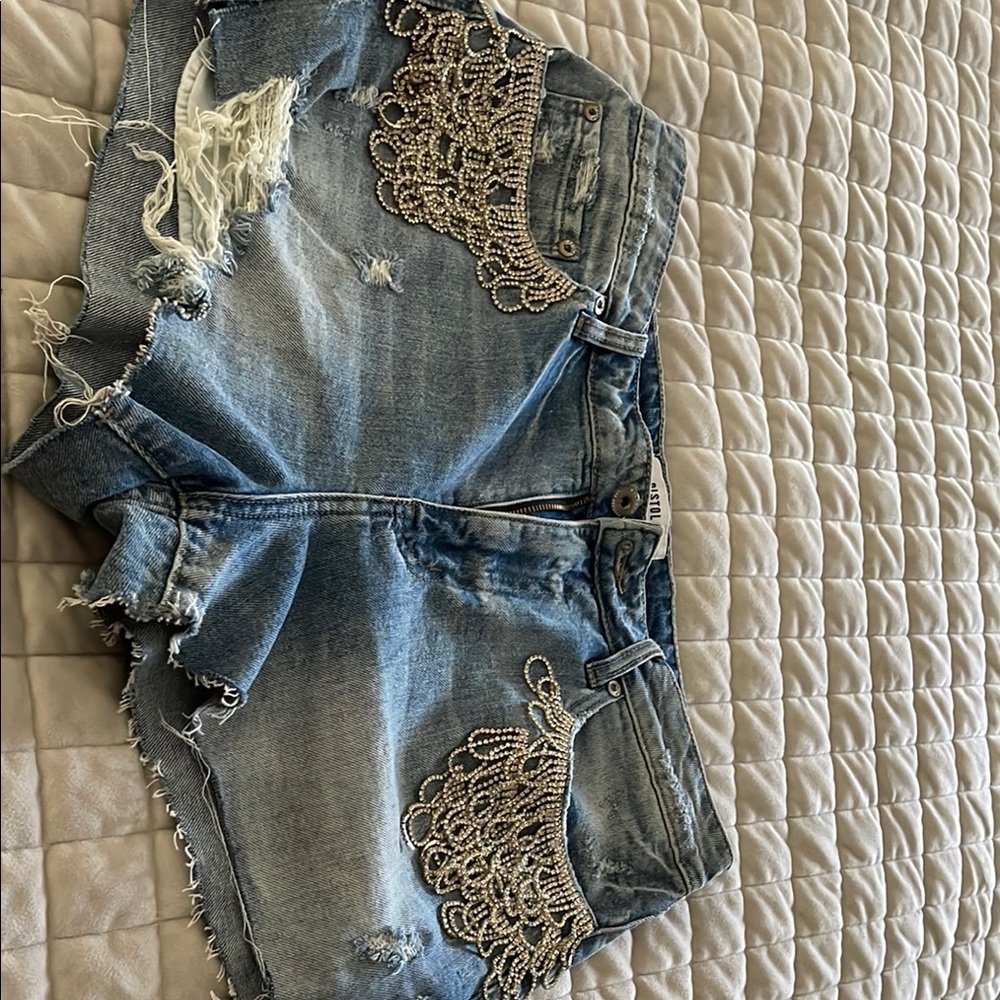 Embellished Denim Shorts with Chain Detail